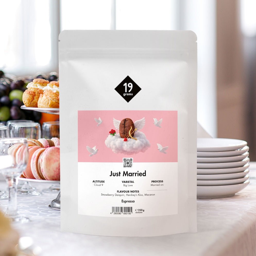 19grams Kaffeeverpackung „Just Married" Hochzeitskaffee-Abo Espresso – Specialty Coffee als Hochzeitsgeschenk