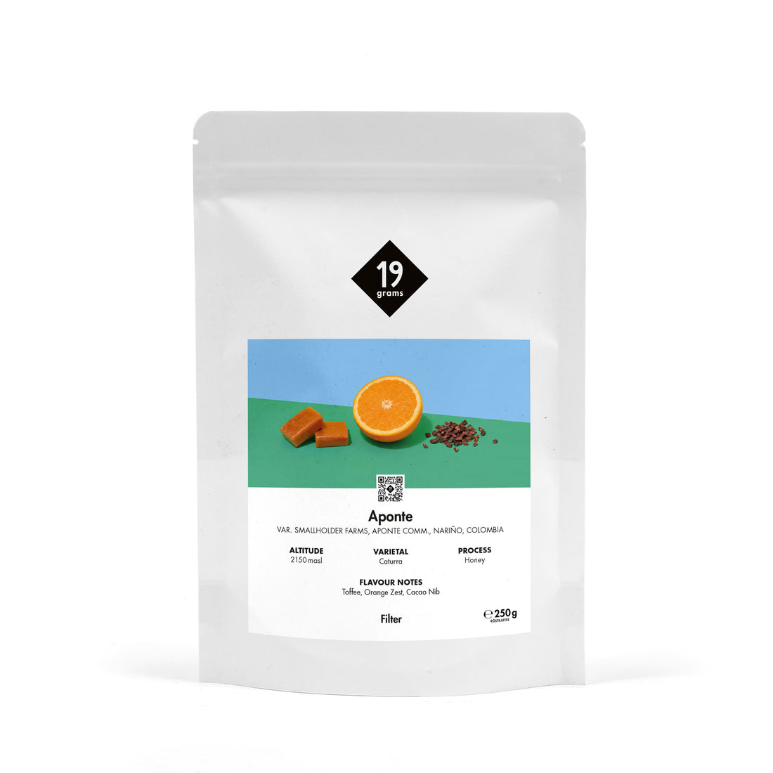 19grams Aponte Filter 250g Kaffeebeutel – Honey Caturra, Resguardo Aponte Nariño – Himbeere, Honig, Veilchen, Specialty Coffee Mockup
