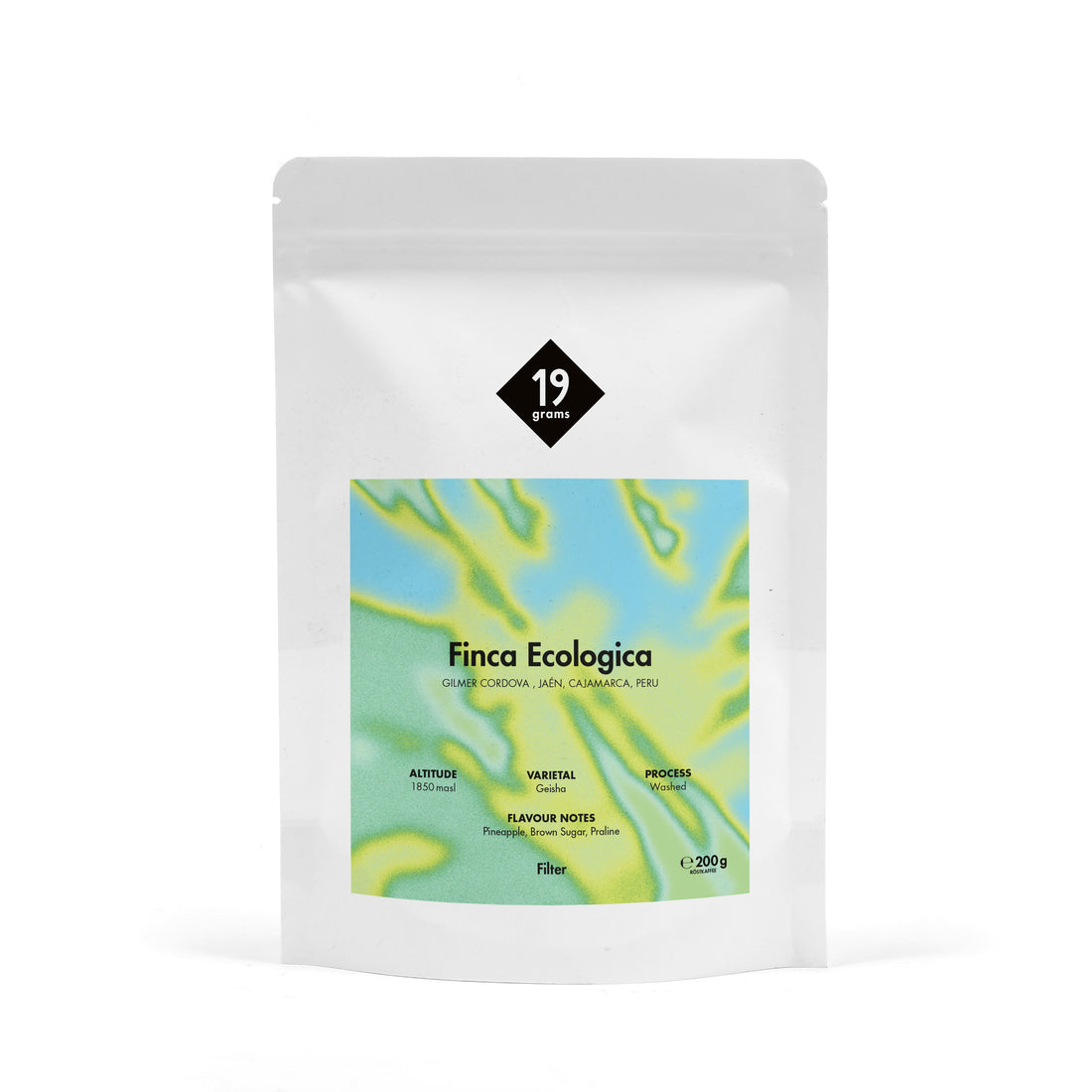 19grams Finca Ecológica Peru 250g Kaffeebeutel Produktmockup – Biologisch angebauter Specialty Coffee aus Peru, geröstet von 19grims.com Roasters Berlin