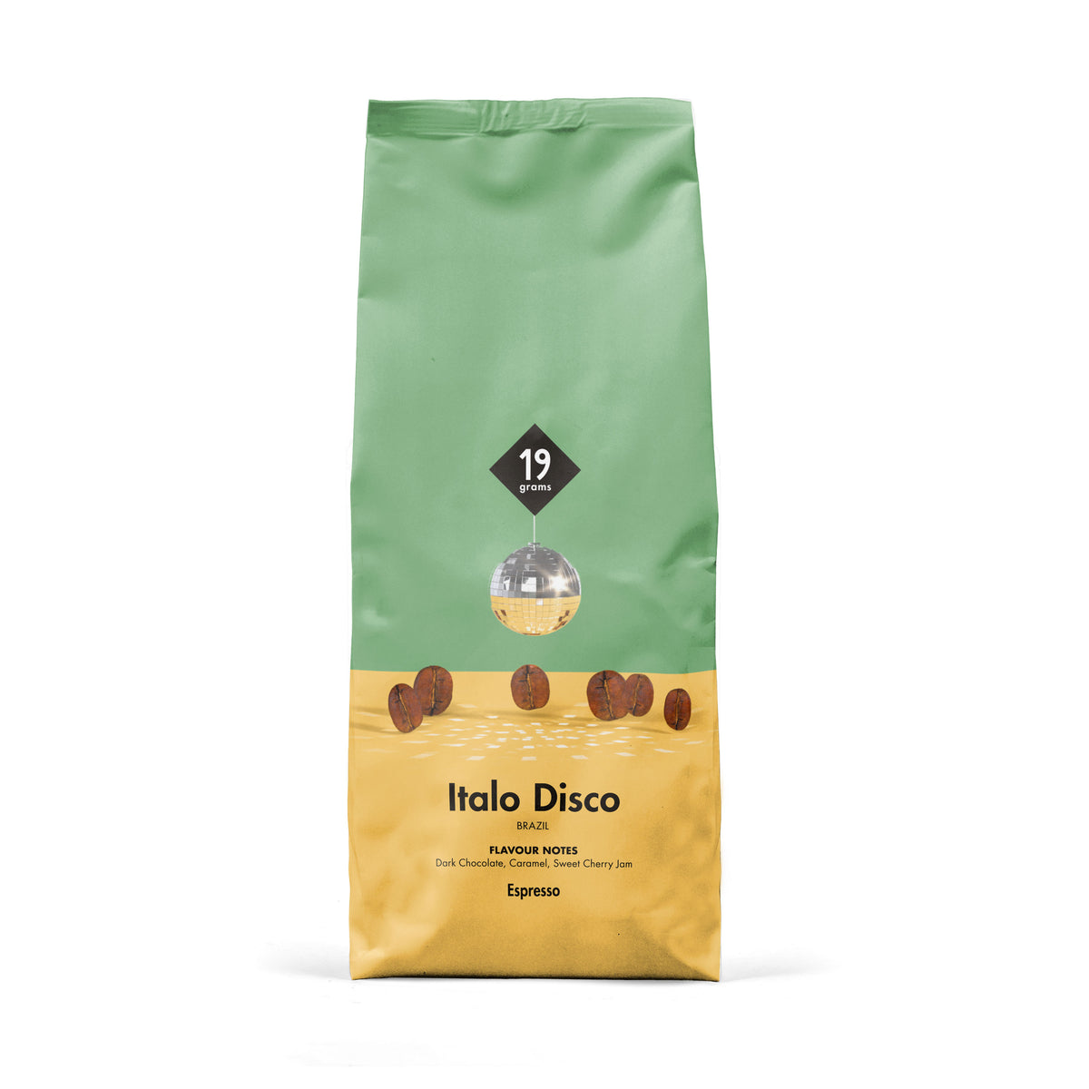 19grams Italo Disco Espresso – 1kg Packung – Produktfoto der Verpackung mit Illustration einer Discokugel über sandgelbem Grund