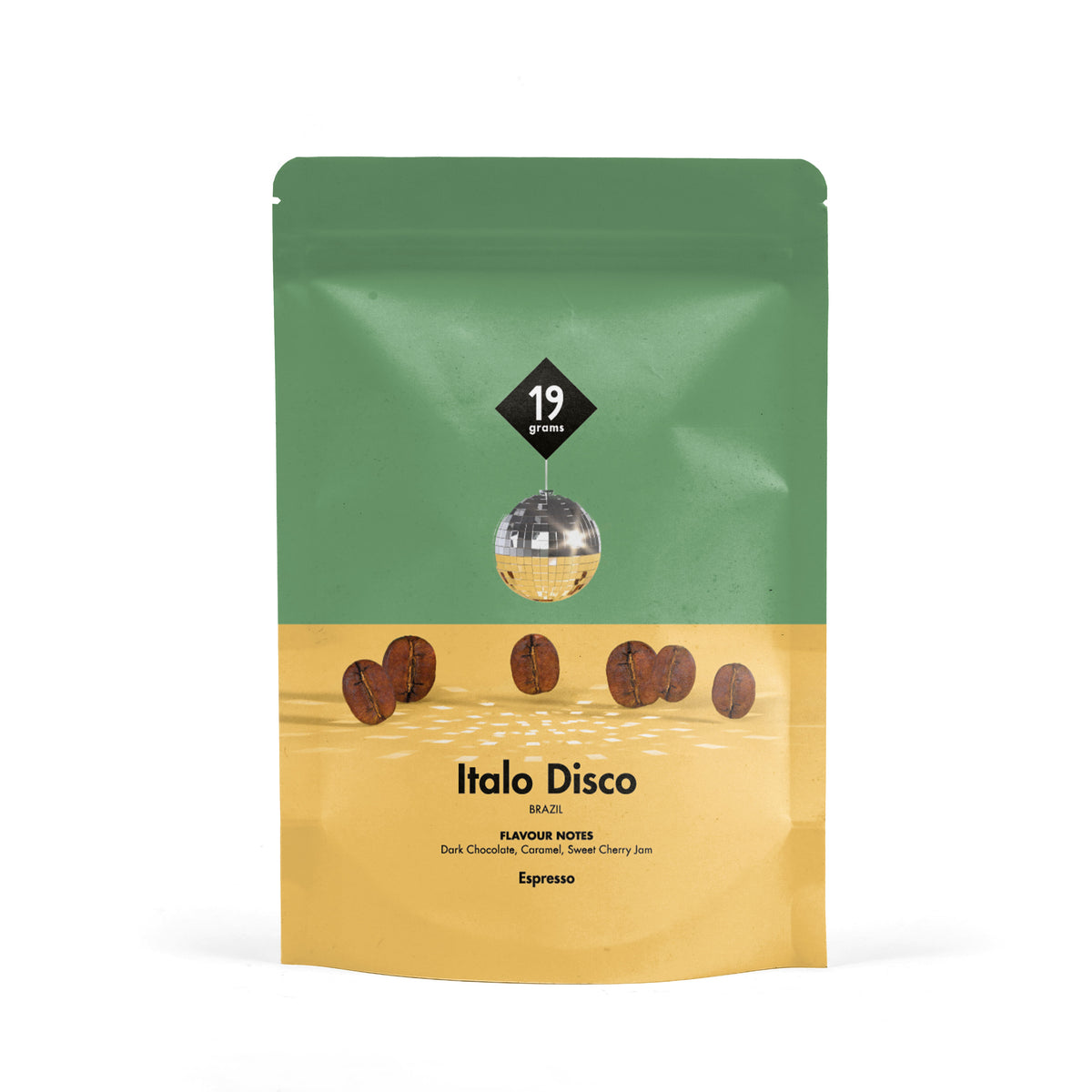 19grams Italo Disco Espresso – 250g Packung – Produktfoto der Verpackung mit Illustration einer Discokugel über sandgelbem Grund