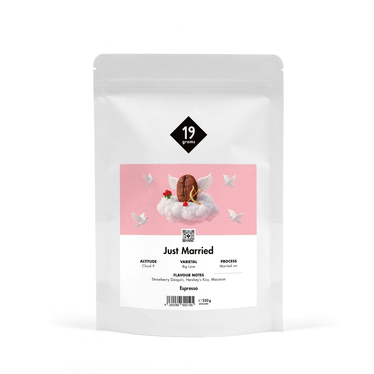 19grams „Just Married" Hochzeitskaffee – rosa Banderole mit romantischer Illustration, Mockup