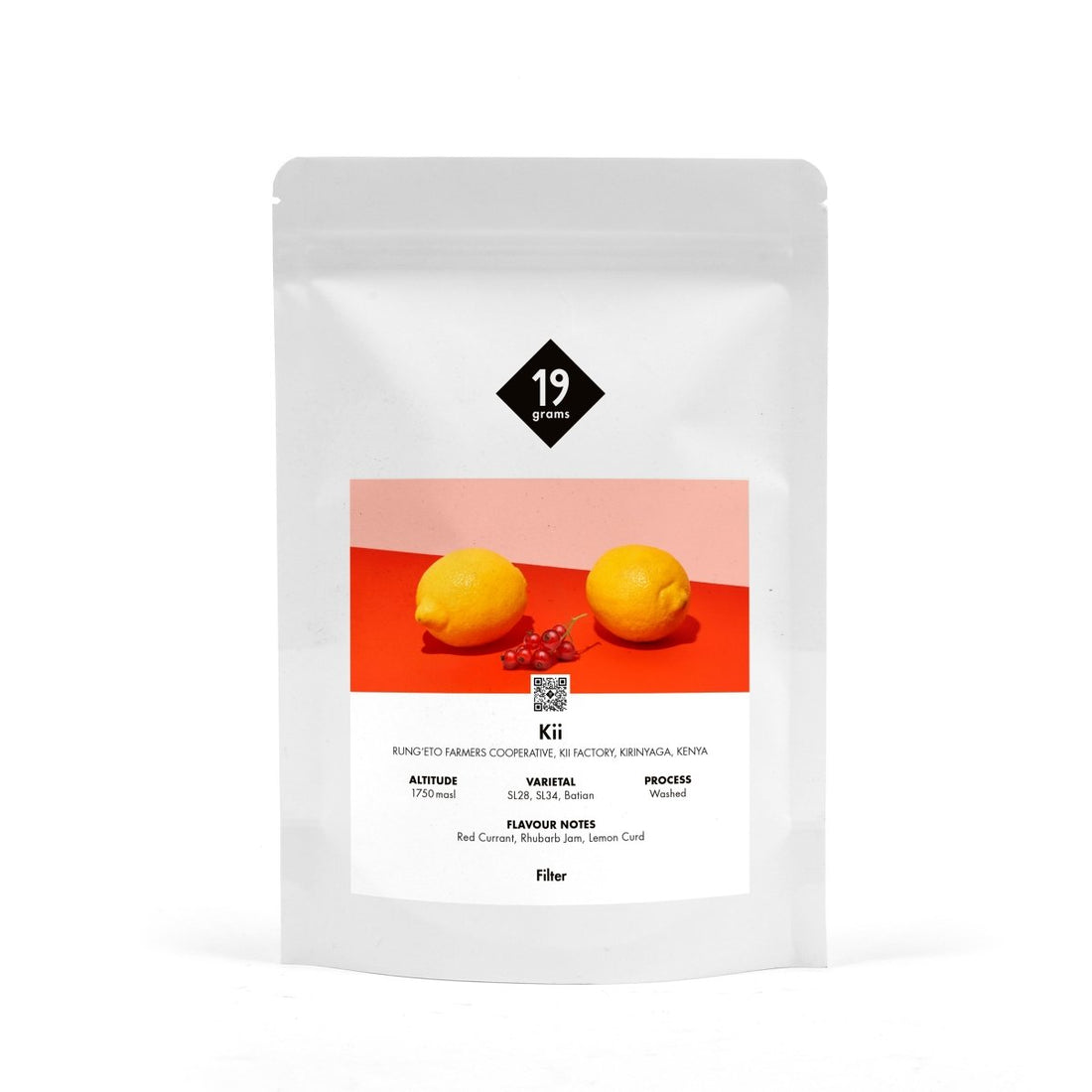 19grams Kii Filterkaffee Kenia Verpackung – Specialty Coffee mit Aromen von Roter Johannisbeere, Rhabarbermarmelade und Zitronencreme