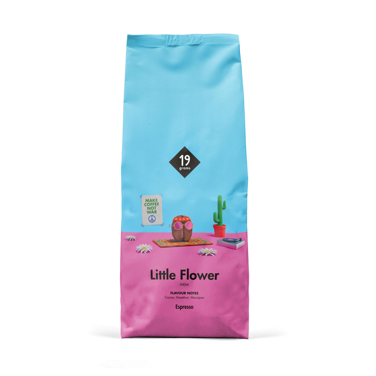 19grams Little Flower Espresso – 1kg Packung – Produktfoto der Verpackung mit Illustration einer Kaffeebohne mit Sonnenbrille vor pinkem Hintergrund