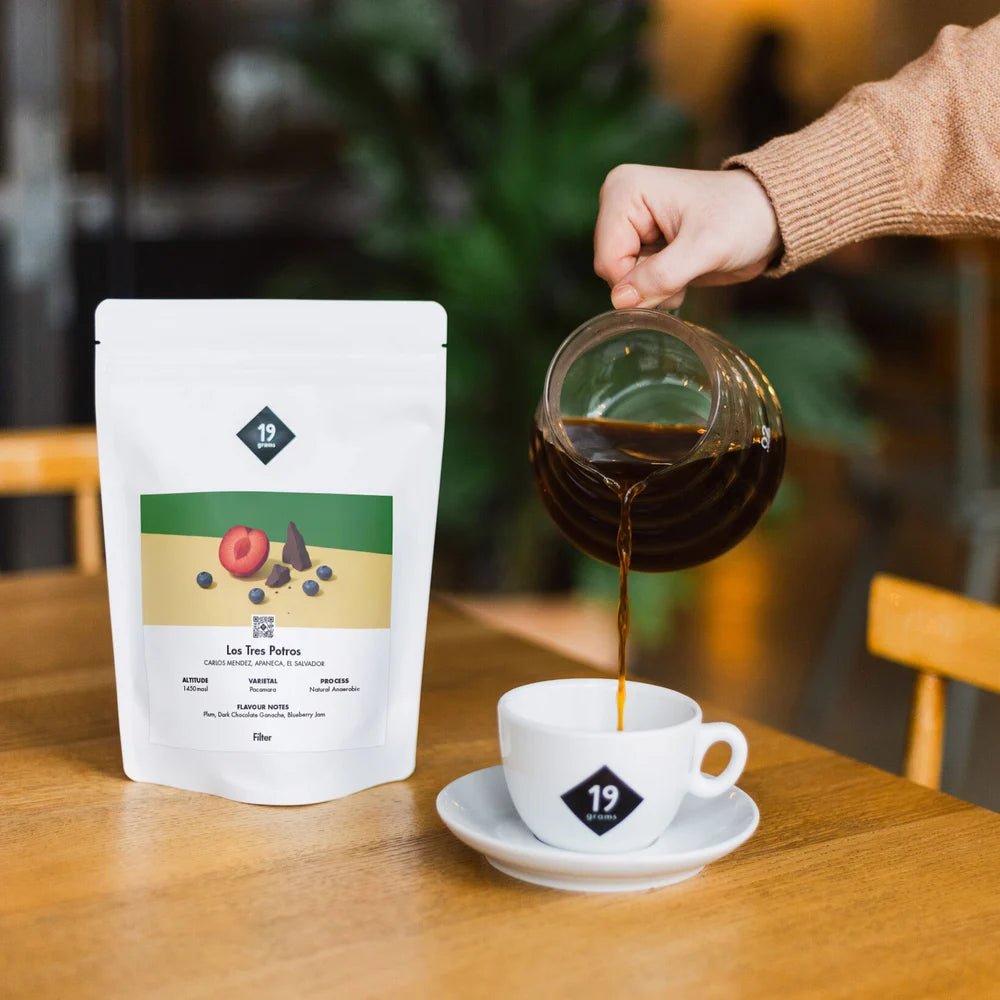 19grams Los Tres Potros Filter Kaffee Moodshot – frischer Filterkaffee wird in Keramiktasse gegossen, Specialty Coffee von 19grams Berlin