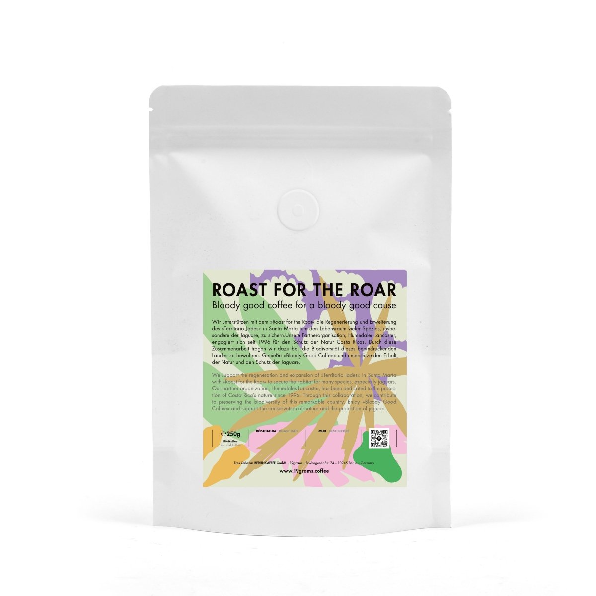 19grams Roast for the Roar Panther 250g Kaffeebeutel Rückseite – Panther-Schutzprojekt Costa Rica, Specialty Coffee von 19grams Berlin