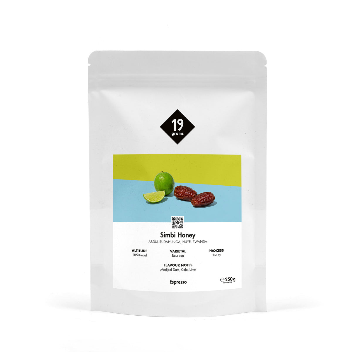 19grams Simbi Honey Espresso 250g Kaffeebeutel Produktmockup – Honey Bourbon aus Huye, Ruanda, mit Medjool-Dattel, Cola und Limette, Specialty Coffee Berlin