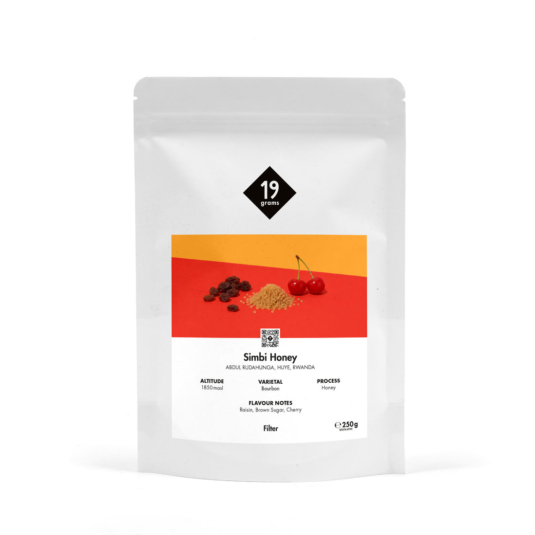 19grams Simbi Honey Filter 250g Kaffeebeutel Produktmockup – Honey Bourbon aus Huye, Ruanda, mit Rosine, Braunem Zucker und Kirsche, Specialty Coffee