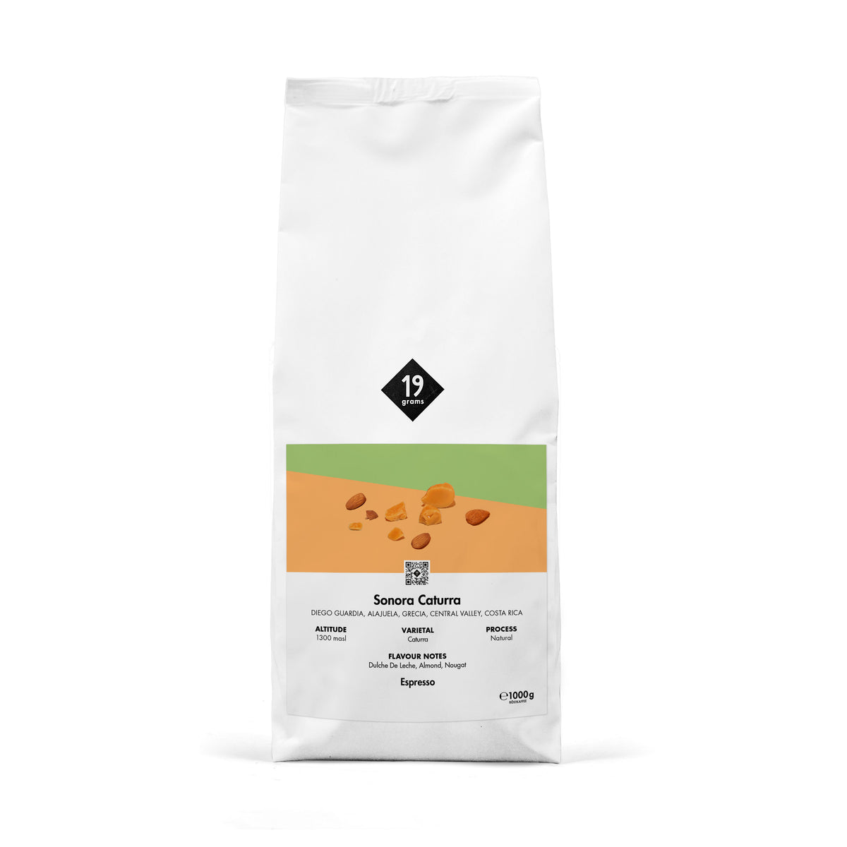 19grams Sonora Caturra Espresso 1000g Kaffeebeutel Produktmockup – Single Origin aus Grecia, Alajuela, Costa Rica, Caturra natural, Espresso Großpackung
