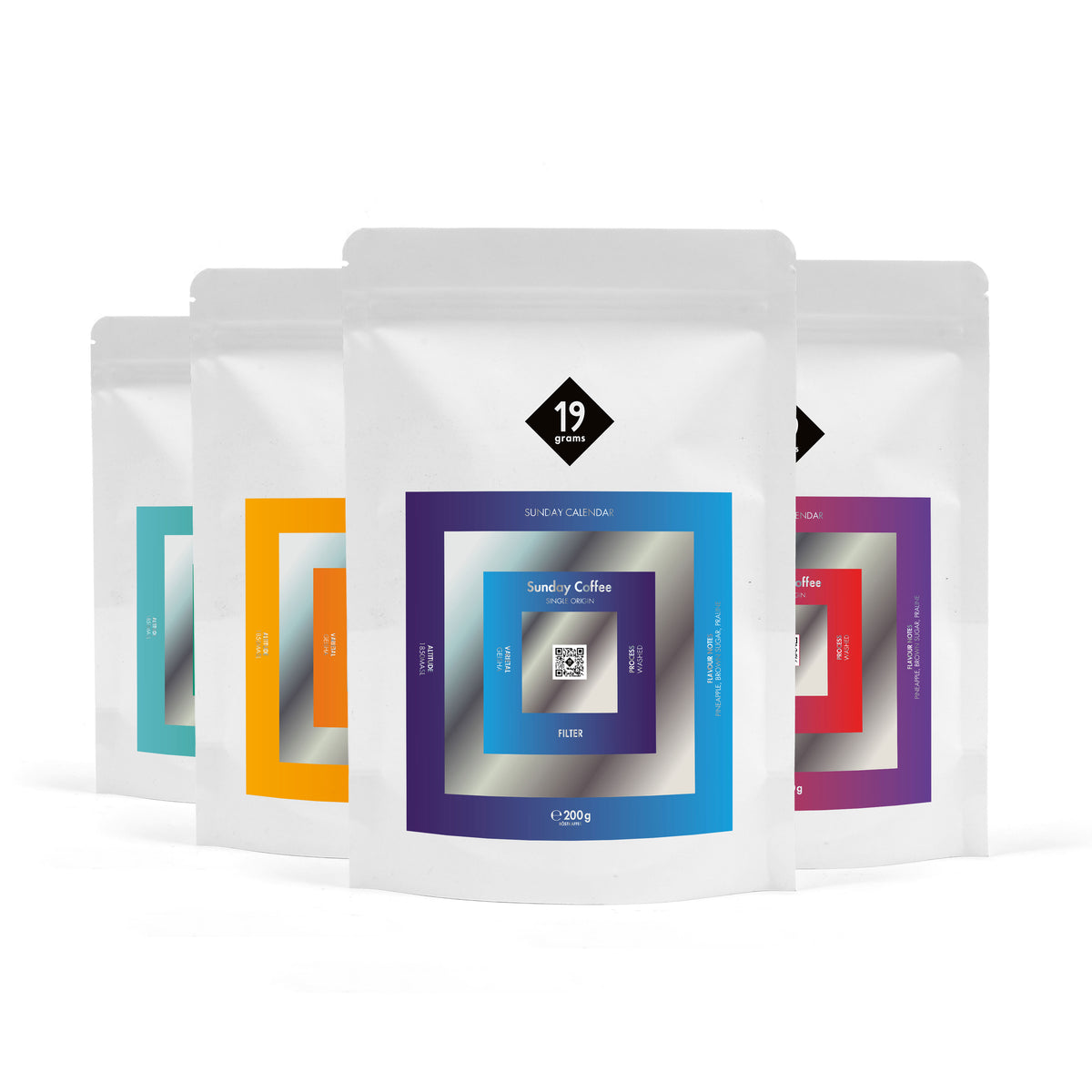 19grams Sunday Calendar Specialty Coffee – Produktmockup mit mehreren 19grams Kaffeebeuteln der Sunday Coffee Serie in bunten Designs, Filterkaffee 200g, Kaffeerösterei Berlin