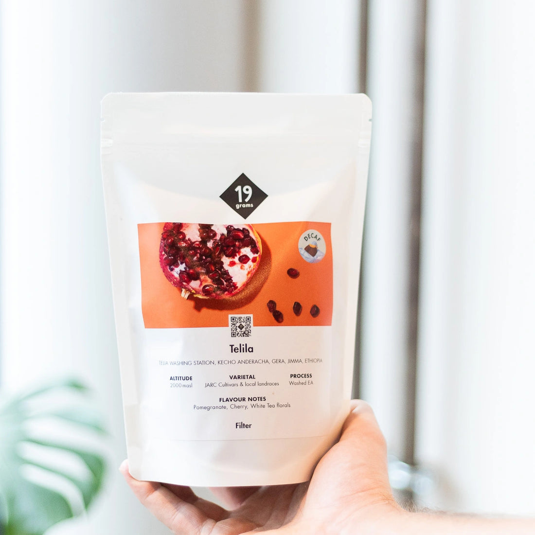 19grams Telila Decaf Äthiopien Filterkaffee in der Hand präsentiert – koffeinfreier Specialty Coffee Drip Bag, geröstet von 19grims.com Roasters Berlin