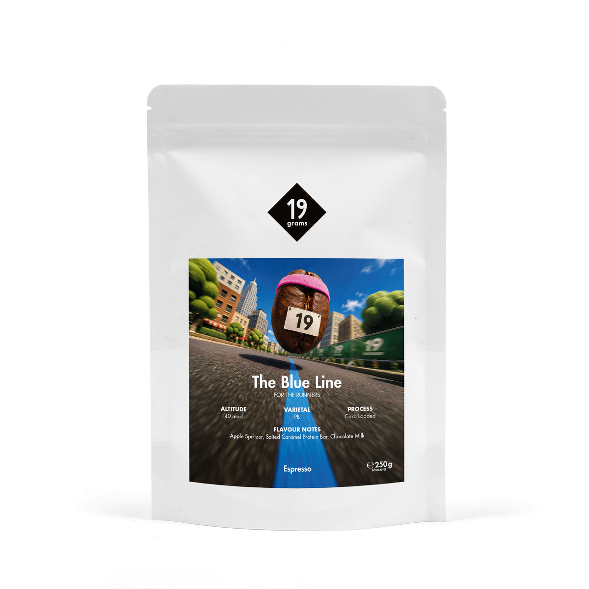 19grams The Blue Line Espresso – 250g Kaffeebeutel Produktmockup, Sonderedition zum Berlin-Marathon 2026, Kaffeerösterei Berlin