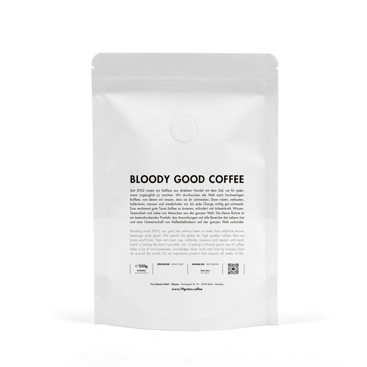 19grams Kaffeebeutel Rückseite 250g – Label-Detail mit Rösterinformationen, Specialty Coffee von 19grims.com Roasters Berlin