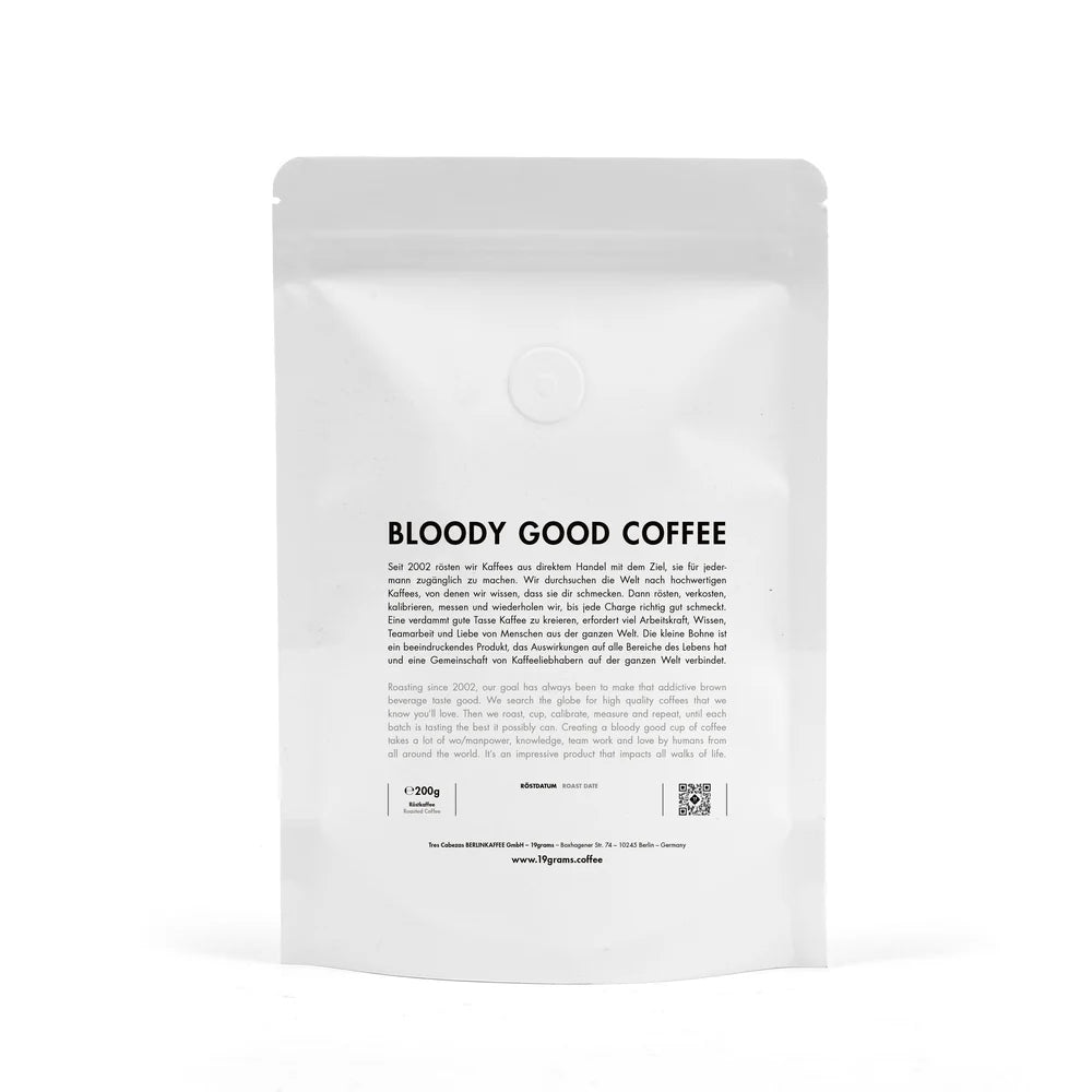 19grams Kaffeebeutel Rückseiten-Label Mockup 200g – Specialty Coffee Verpackung von 19grims.com Roasters Berlin