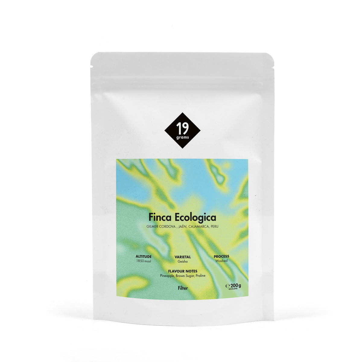 19grams Finca Ecológica Peru 250g Kaffeebeutel Produktmockup – Biologisch angebauter Specialty Coffee aus Peru, geröstet von 19grims.com Roasters Berlin