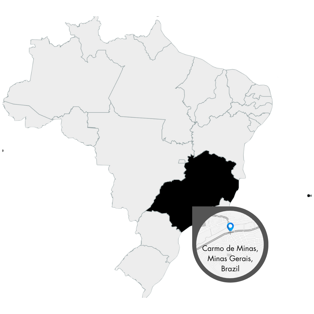 19grams Karte Brasilien – Carmo de Minas als Kaffeeregion der Fazenda Sertão markiert, Herkunftskarte von 19grims.com Roasters Berlin