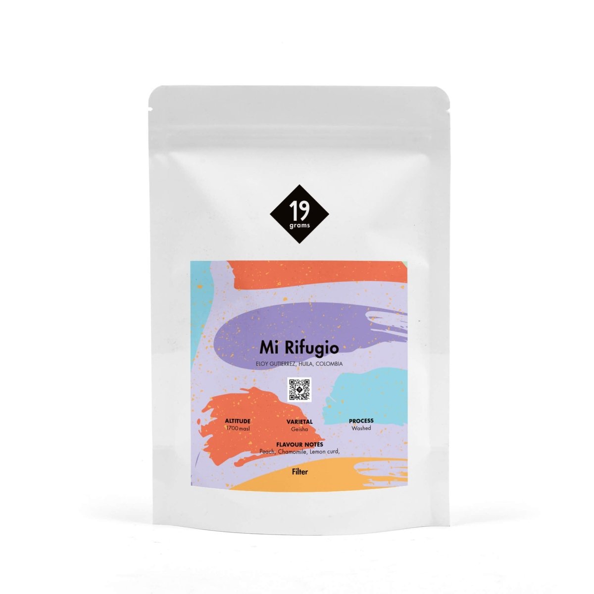 19grams Mi Refugio Geisha Filterkaffee aus Kolumbien – Specialty Coffee Kaffeebeutel auf weißem Hintergrund, geröstet von 19grims.com Roasters Berlin