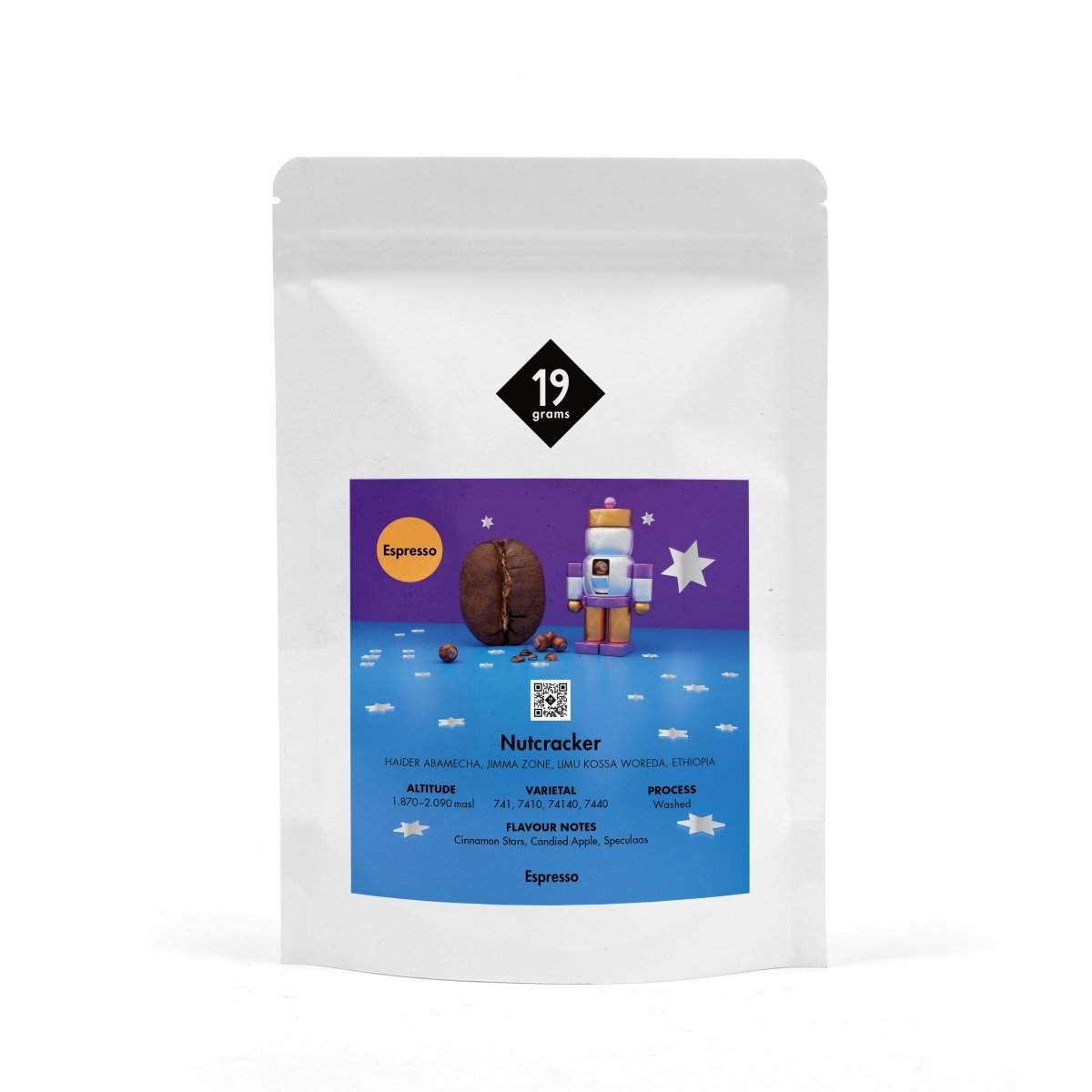 19grams Nussknacker 2025 Espresso – Produktmockup 250g Packung Weihnachten