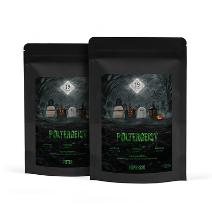 19grams Poltergeist Espresso und Filter 250g Kaffeebeutel Produktmockup – zwei schwarze Beutel mit Halloween-Friedhofsmotiv und Flavour Notes Blood Orange, Sour Worms, Pumpkin Spice Latte