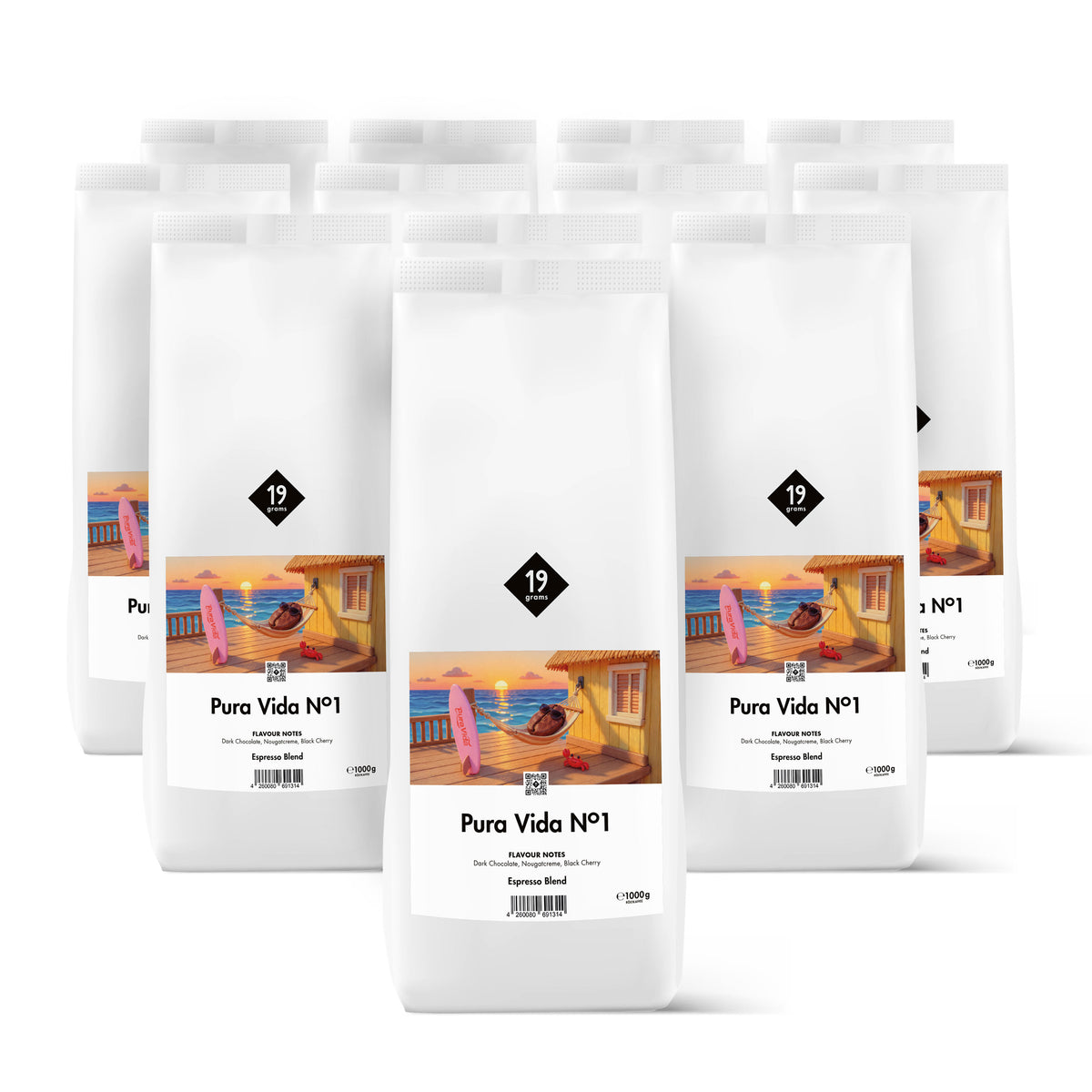 19grams Pura Vida N°1 Specialty Coffee Espresso Blend – Kaffeebeutel Produktmockup 1000g mit Strand-Illustration, Kaffeerösterei Berlin
