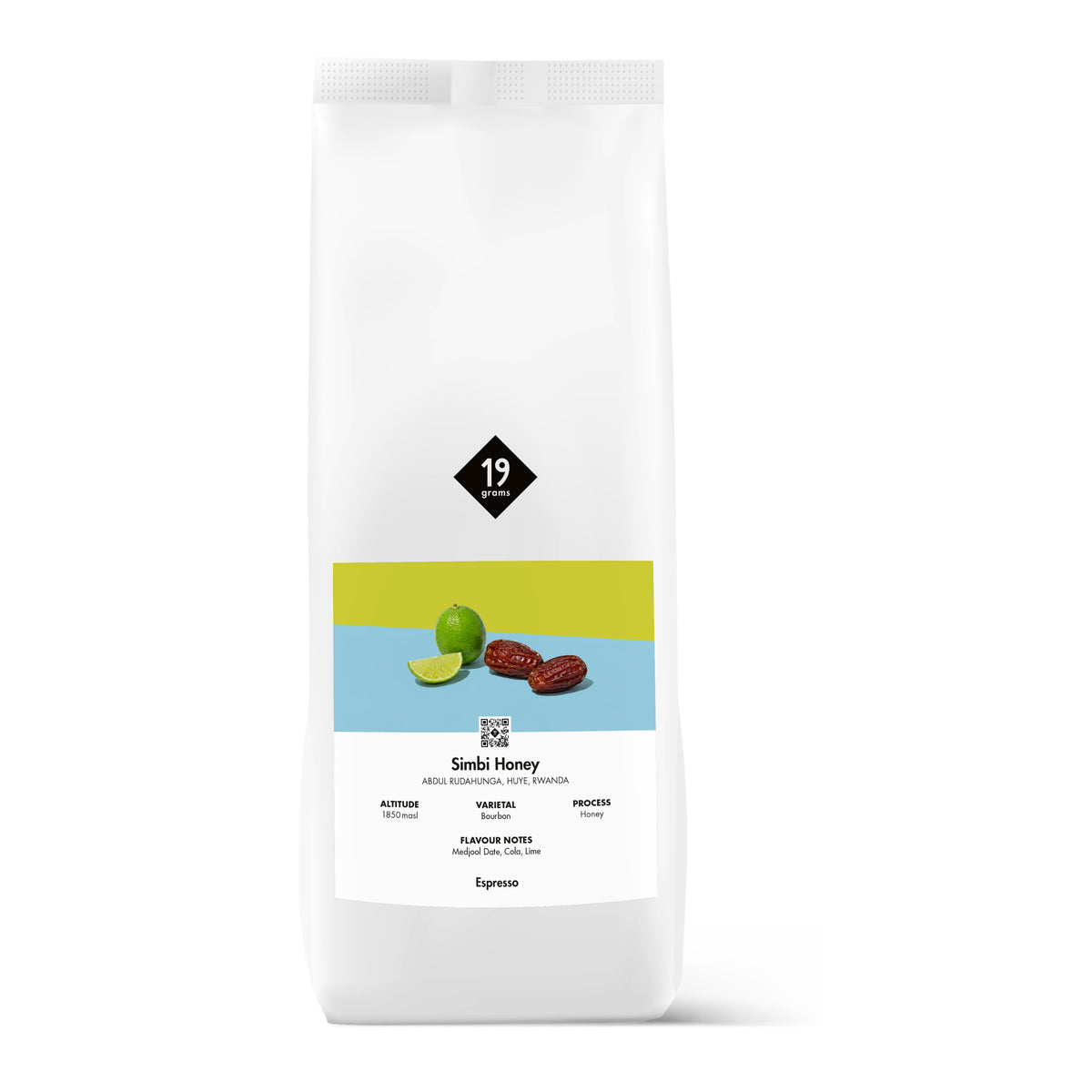 19grams Simbi Honey Espresso 1kg Kaffeebeutel Produktmockup – Honey Bourbon aus Huye, Ruanda, Espresso Specialty Coffee Rösterei