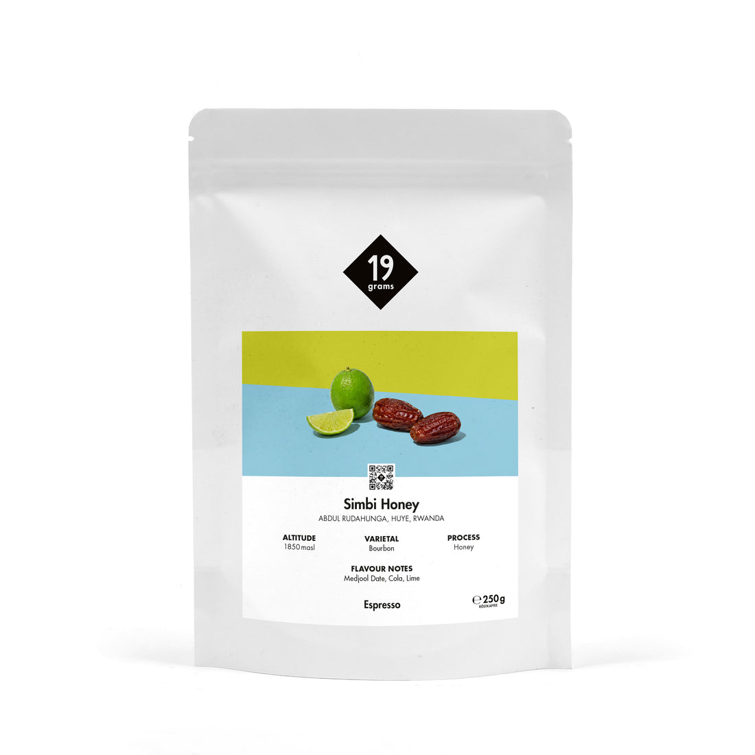 19grams Simbi Honey Espresso 250g Kaffeebeutel Produktmockup – Honey Bourbon aus Huye, Ruanda, mit Medjool-Dattel, Cola und Limette, Specialty Coffee Berlin