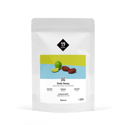19grams Simbi Honey Espresso 250g Kaffeebeutel Produktmockup – Honey Bourbon aus Huye, Ruanda, mit Medjool-Dattel, Cola und Limette, Specialty Coffee Berlin