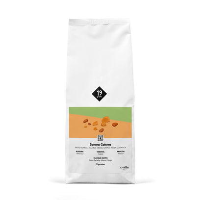 19grams Sonora Caturra Espresso 1000g Kaffeebeutel Produktmockup – Single Origin aus Grecia, Alajuela, Costa Rica, Caturra natural, Espresso Großpackung