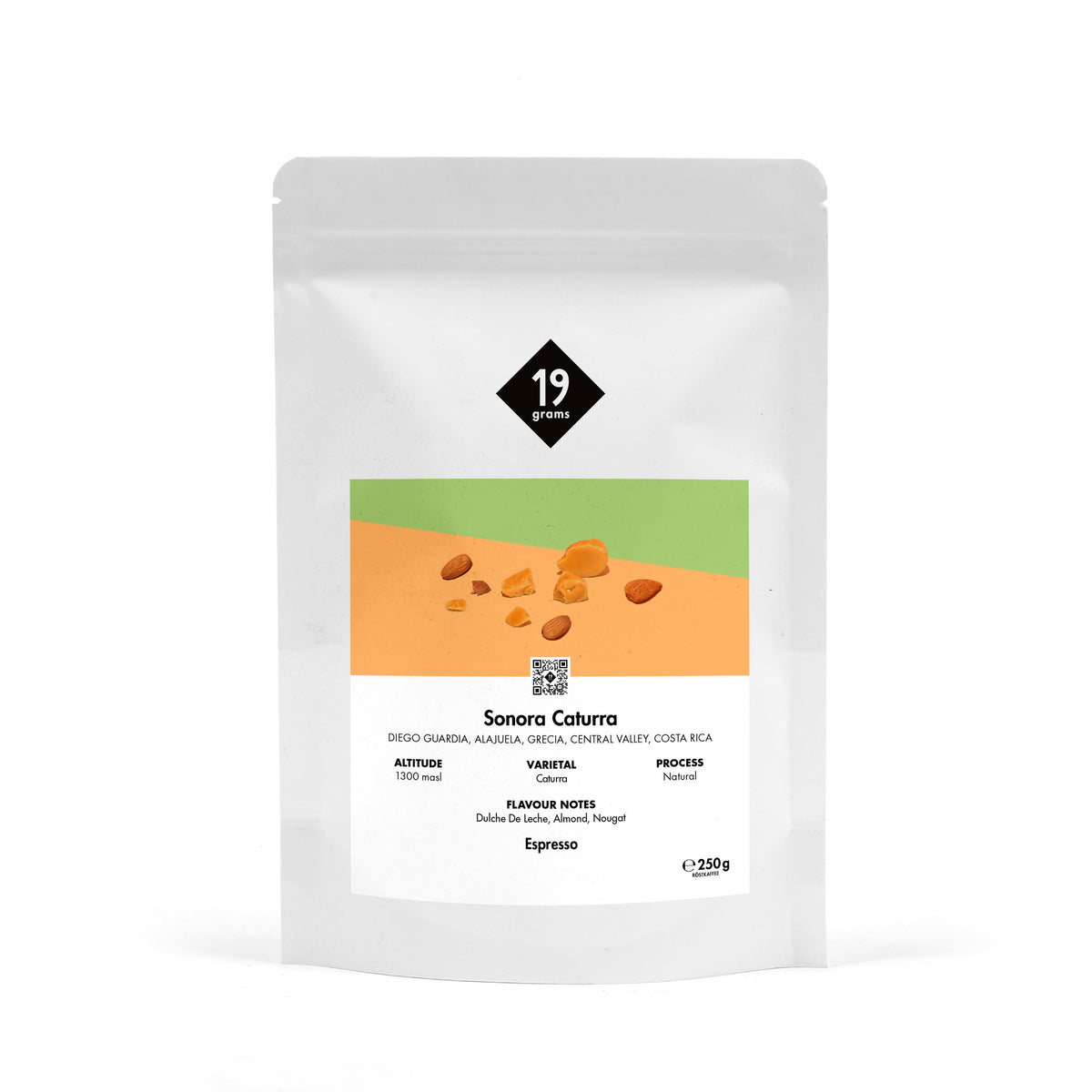 19grams Sonora Caturra Espresso 250g Kaffeebeutel Produktmockup – Single Origin aus Grecia, Alajuela, Costa Rica, Caturra natural, mit Dulce de Leche, Mandel und Nougat