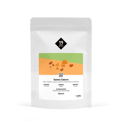 19grams Sonora Caturra Espresso 250g Kaffeebeutel Produktmockup – Single Origin aus Grecia, Alajuela, Costa Rica, Caturra natural, mit Dulce de Leche, Mandel und Nougat