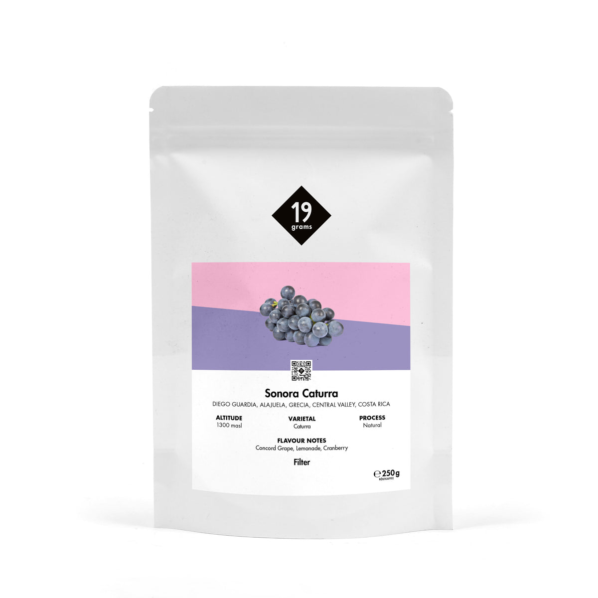 19grams Sonora Caturra Filter 250g Kaffeebeutel Produktmockup – Single Origin aus Grecia, Alajuela, Costa Rica, Caturra natural, mit Concord-Traube, Limonade und Cranberry