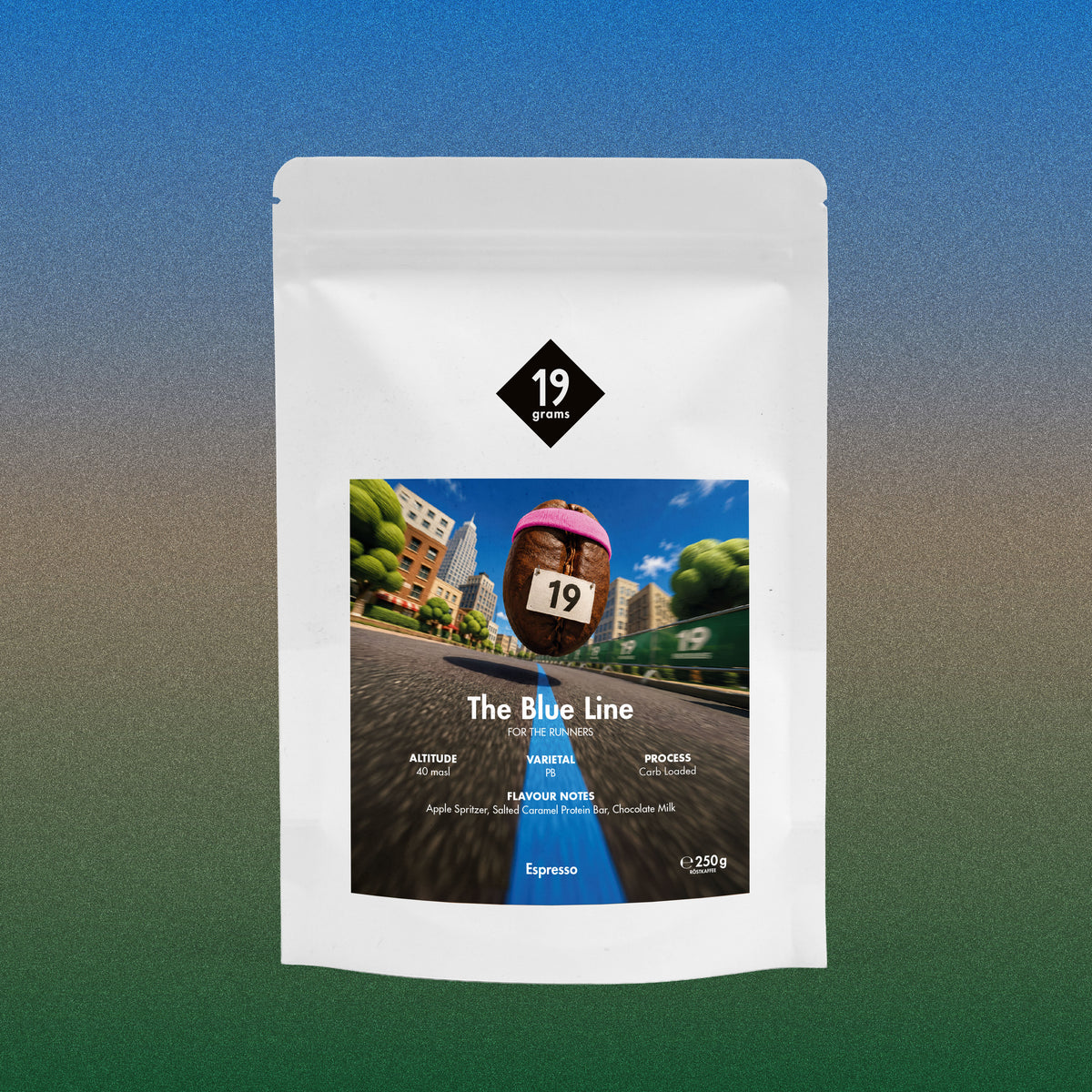 19grams The Blue Line Espresso – farbiges Etikettenmockup der Marathon-Sonderedition 2026, Kaffeerösterei Berlin