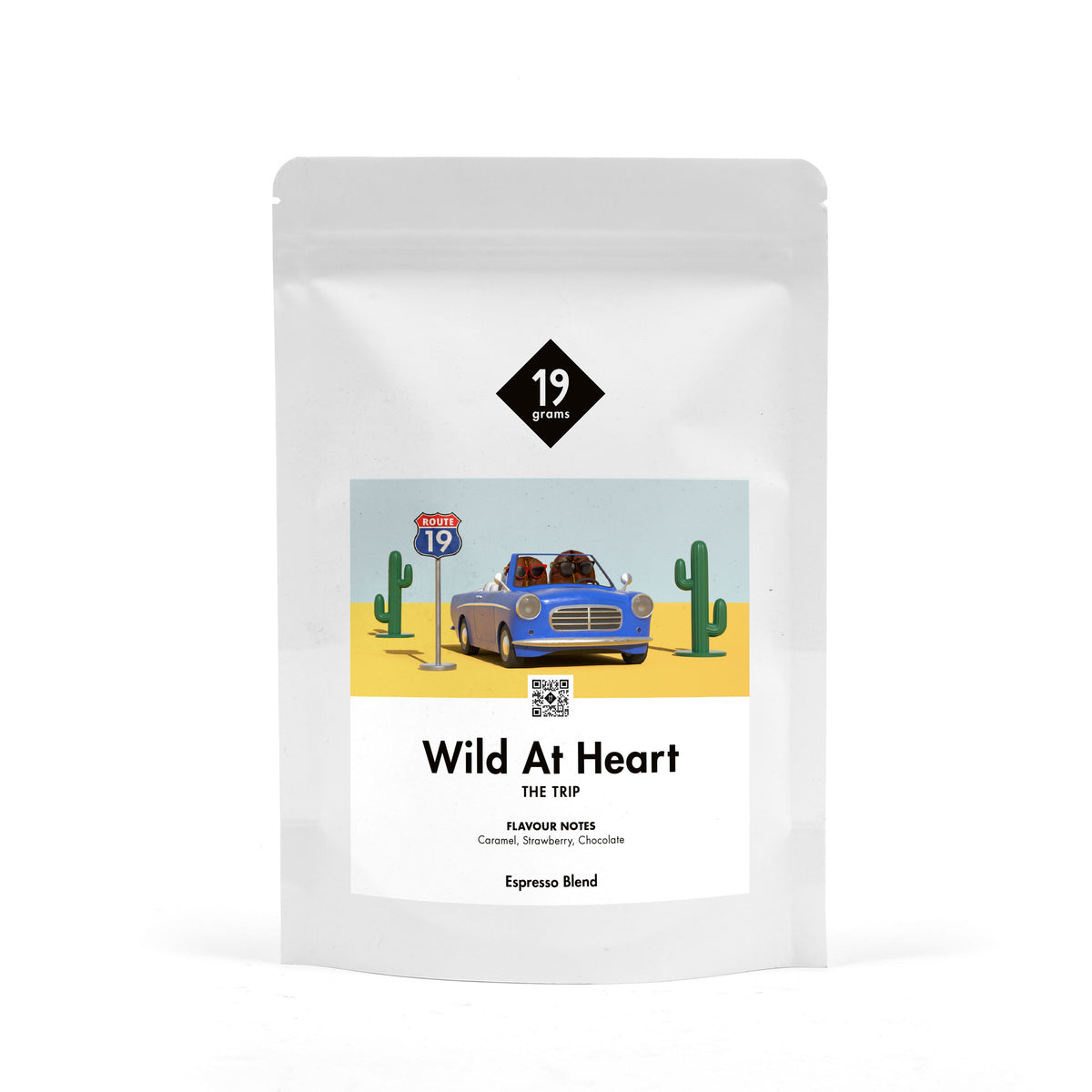 19grams Wild at Heart 250g Kaffeebeutel Mockup – Hauskaffee-Mischung Frontalansicht Produktfoto, Specialty Coffee von 19grims.com Roasters Berlin
