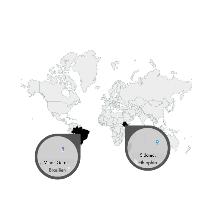 Weltkarte mit den Herkunftsorten des 19grams Wild at Heart Kaffees – Worka Chelbesa in Gedeb, Äthiopien und Carmo de Minas in Minas Gerais, Brasilien